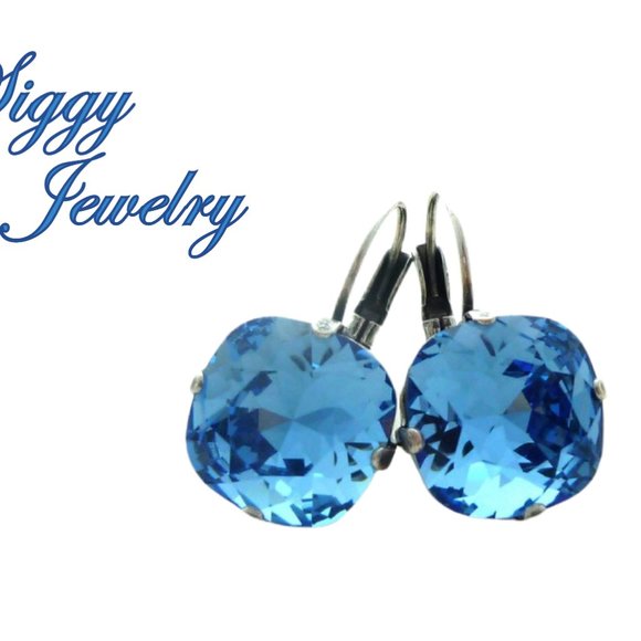 ICE BLUE Cushion Cut Crystal Solitaire Earrings made with Austrian Crystals - Picture 3 of 7